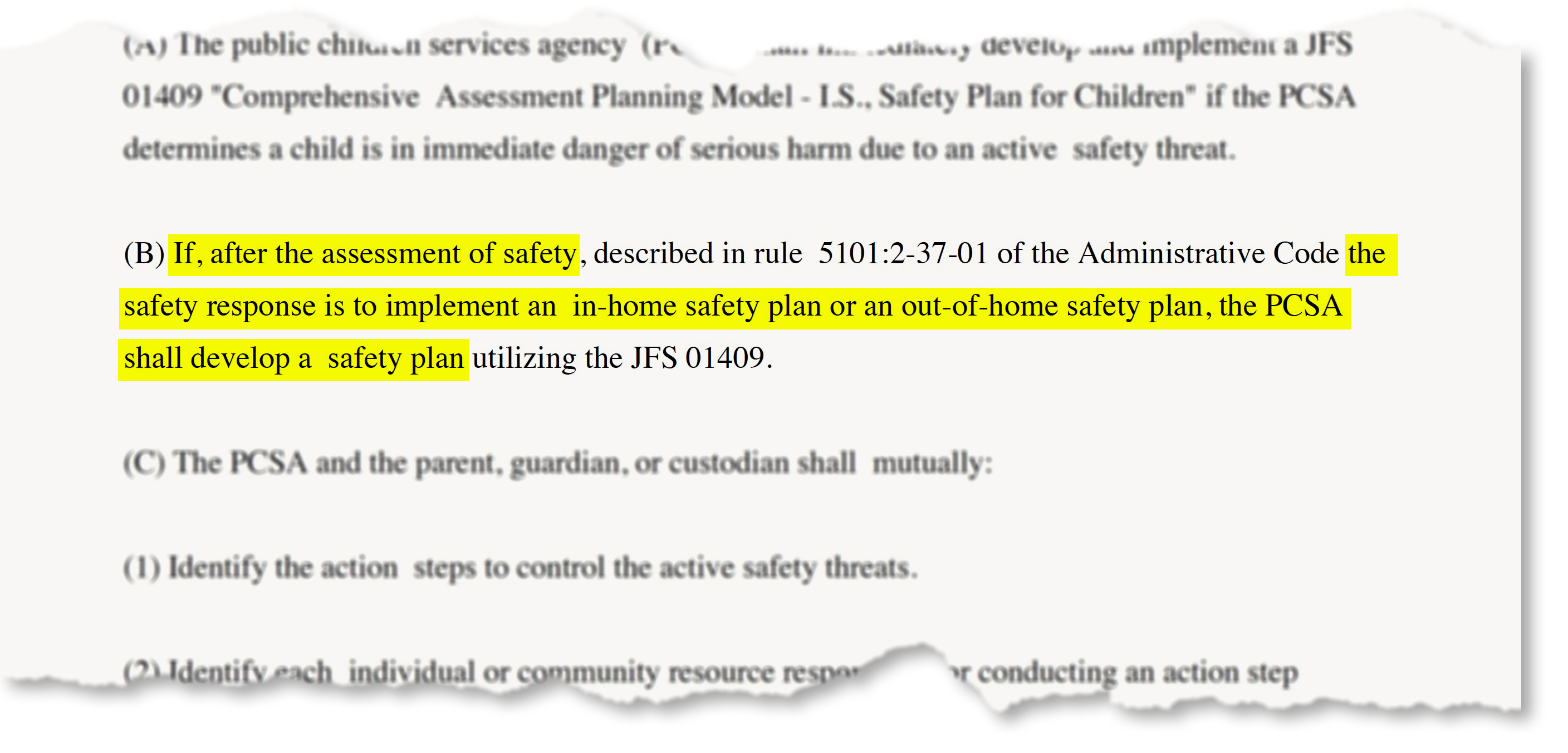 A section of the Ohio Administrative Code on safety plans