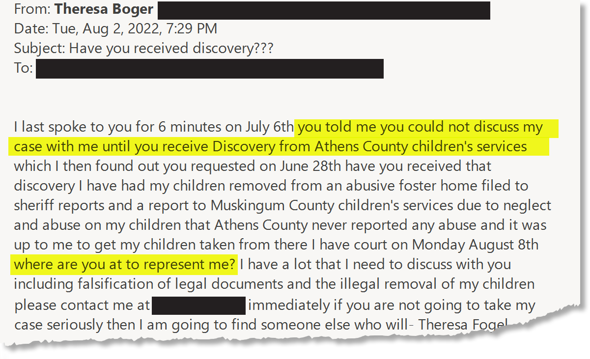 An email from Theresa Fogel to her attorney Jon Getson