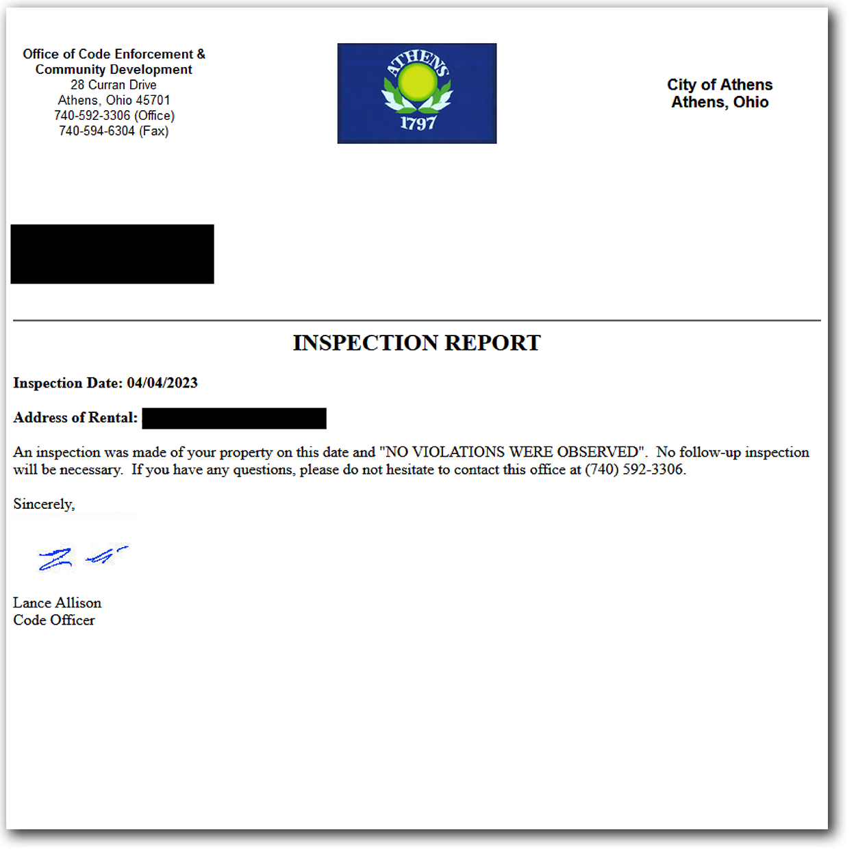 An inspection report by the Athens code enforcement office