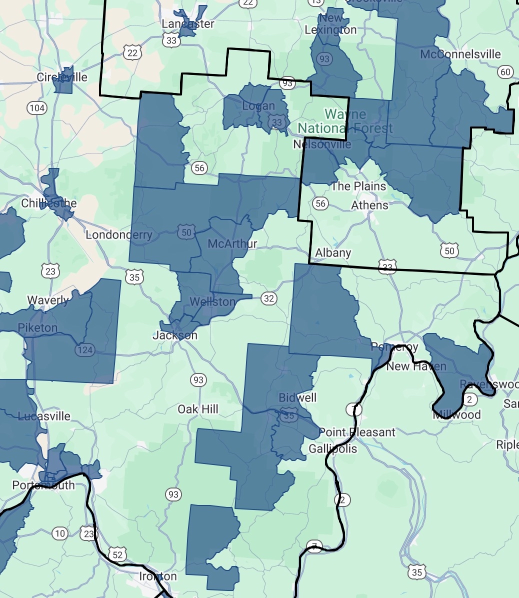 Map showing portion of southeast Ohio