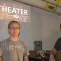 Ohio University MFA student Nathan Davis (left) and Lowell Jacobs, head of OU's Sound Design Program, inside the Sound, Projections and New Media Shop (Ohio University College of Fine Arts)