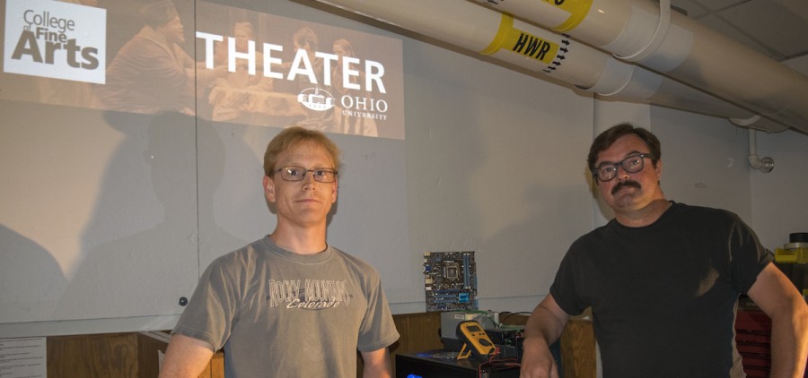 Ohio University MFA student Nathan Davis (left) and Lowell Jacobs, head of OU's Sound Design Program, inside the Sound, Projections and New Media Shop (Ohio University College of Fine Arts)