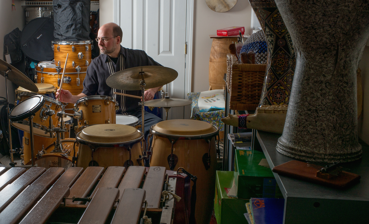Braun's collection of instruments includes a drum kit, vibraphone and a rare boombakini, among other percussion tools. (Ben Siegel/Ohio University)