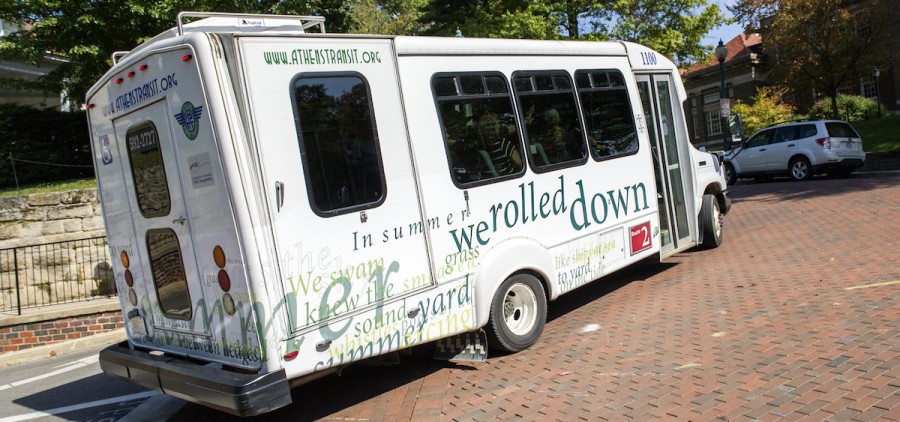 Athens Public Transit's new " On the Bus" features a typographic interpretation of poet Wendy McVicker's poem "In Summer." (Daniel Rader/WOUB)