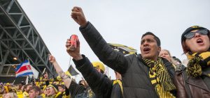 Fans inside MAPFRE Stadium cheer on the Columbus Crew while they warm up.