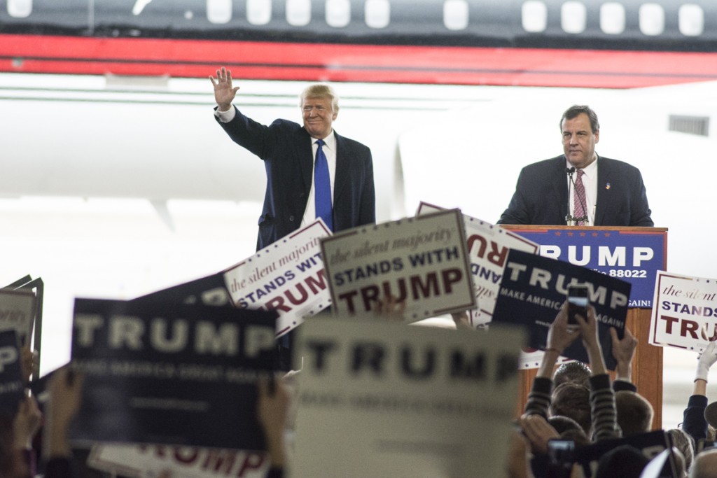 Governor of New Jersey Chris Christie makes a surprise appearance and introduces Donald Trump to a large crowd in Columbus, Ohio for a Donald Trump rally on March 1, 2016. "America needs strength in the oval office again...," said Governor Christie. (Robert McGraw/WOUB)