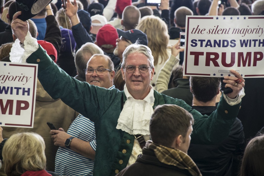 Some Donald Trump supporters dress up in colonial attire and believe "Donald Trump will return America to what the founding fathers meant this country to be" in a rally in Columbus, Ohio on March 1, 2016. (Robert McGraw/WOUB)