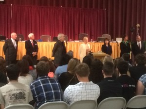 The Ohio Supreme Court justices speak with students at Meigs High School on Wednesday. The high court for an off-site proceeding, which rotates between Ohio counties every year.