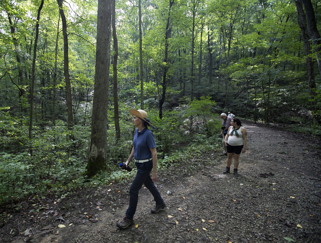 Dixie Bosworth, left, Tamra Filkins, center, and Roger Grossenbacher hike the trails in Alley Park Saturday in Lancaster during a Mushroom Hike hosted by Lancaster Parks and Recreation. (WOUB/Jennifer Coombes)