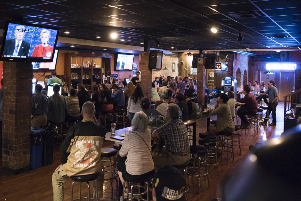 Pigskin Bar and Grille has a full house during the first presidential debate of Hillary Clinton and Donald Trump on September 26, 2016, in Athens, Ohio. (Robert McGraw/WOUB)