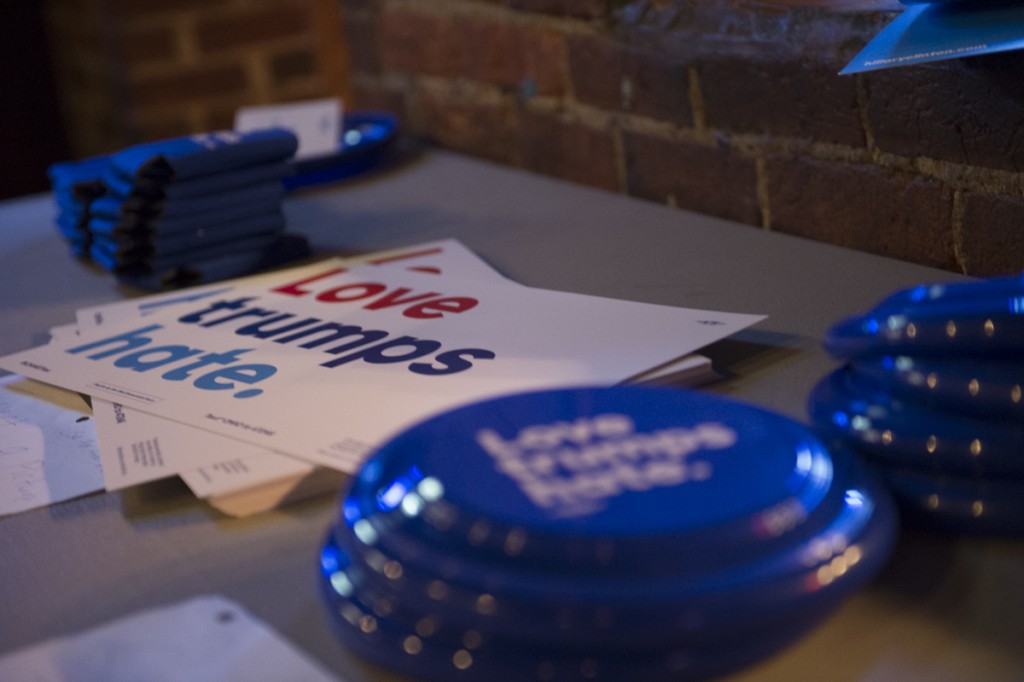 Democratic memorabilia is handed out at the Debate Watch Party held at the Pigskin Bar and Grille in Athens, Ohio, on September 26, 2016. (Robert McGraw/WOUB)