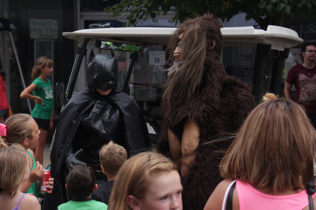 A couple of costumed folks amuse event goers at this year's Motorman Festival in Point Pleasant, WV. (WOUB/Joe Votaw)