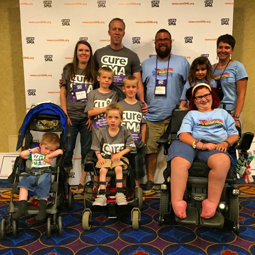 Adyn (on the far lower right) with her family and another family that is affected by spinal muscular atrophy. (Submitted)