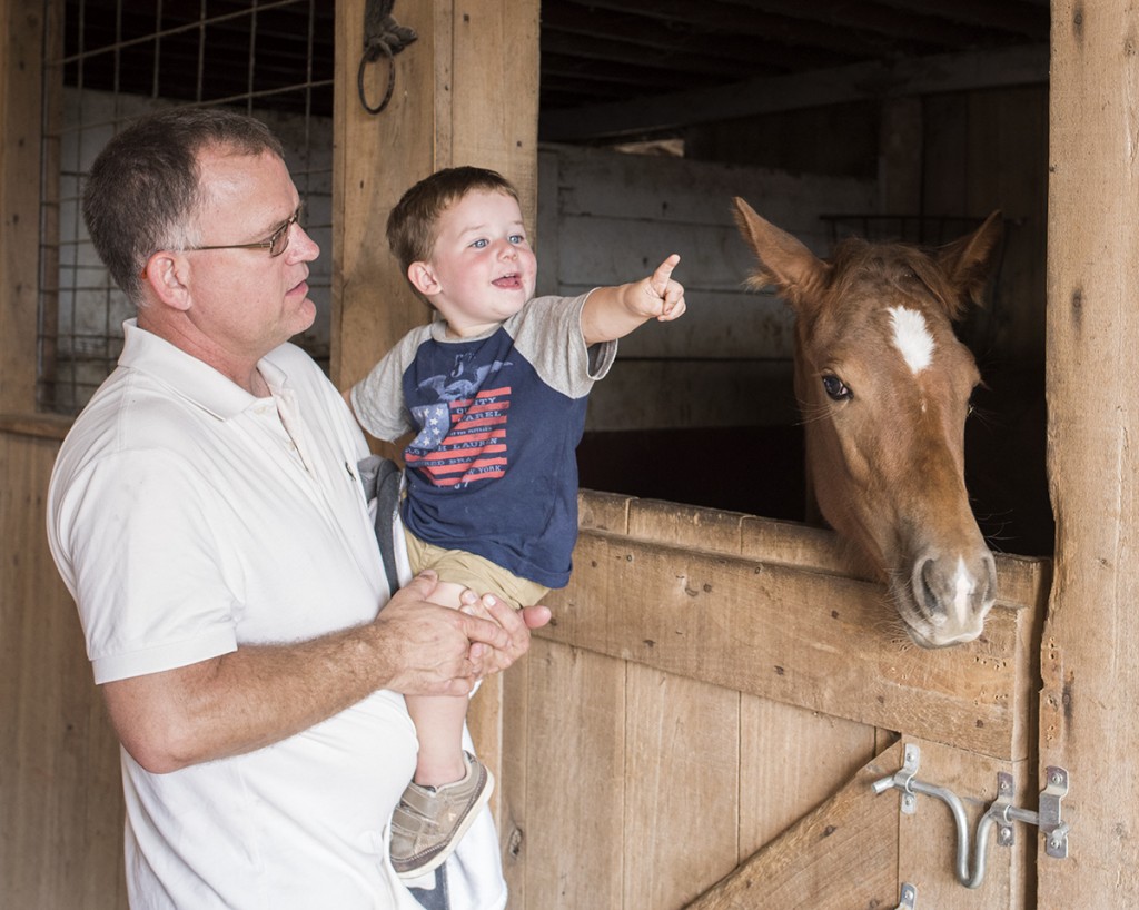 Rodney Smith, left, holds his son Ethan Smith, 2, as he points towards the tractor train while standing next to a foal in the Rio Valley Stables during the 46th annual Bob Evans Farm Festival on Saturday, Oct., 15, 2016 in Rio Grande, Ohio. (Kelsey Brunner/WOUB)
