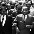 The Rev. Ralph Abernathy, right, and Bishop Julian Smith, left, flank Dr. Martin Luther King, Jr., during a civil rights march in Memphis, Tenn., March 28, 1968.