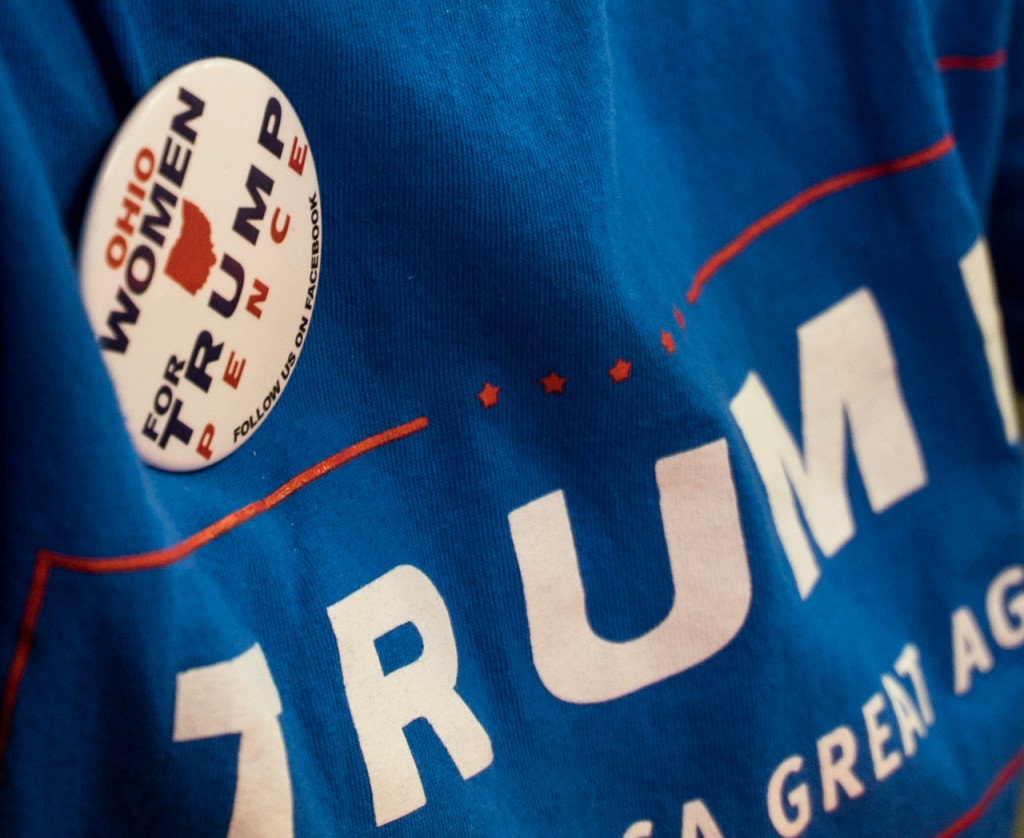 A Women for Trump button being worn by a Donald Trump supporter at the Athens County Republican watch party in Athens, Ohio, on November 8, 2016. (Carolyn Rogers/ WOUB)