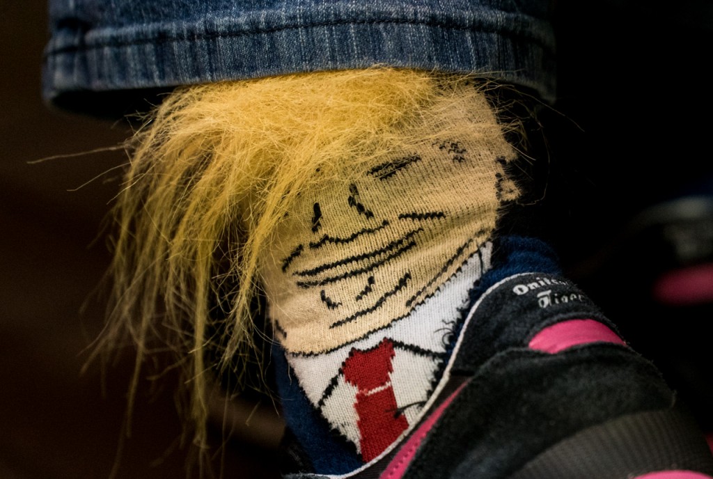 Rebecca Keller wearing Donald Trump socks during the Athens County Republican watch party in Athens, Ohio, on November 8, 2016. "I hand wash them up to the hair," she said.