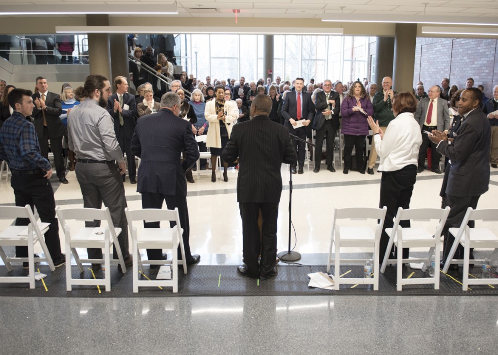 President Roderick McDavis gets a standing ovation after one of his last official speeches before he leaves Ohio University at the McCracken Hall dedication on January 27, 2017. (Robert McGraw/WOUB)