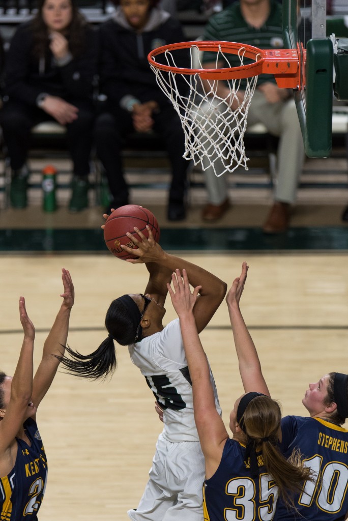 Jasmine Weatherspoon goes for a layup over a Kent State defense during a Women's basketball game at the Convocation Center on January 14, 2017. Kent State defeated Ohio University 68-65. (Nickolas Oatley/WOUB)