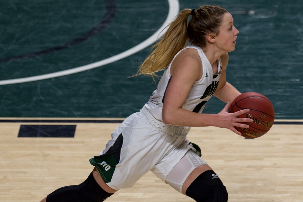 Ohio University's Taylor Agler passes the ball down the court in game between Ohio University and Kent State at the Convocation Center on January 14, 2017. Kent State defeated Ohio University 68-65. (Nickolas Oatley/WOUB)