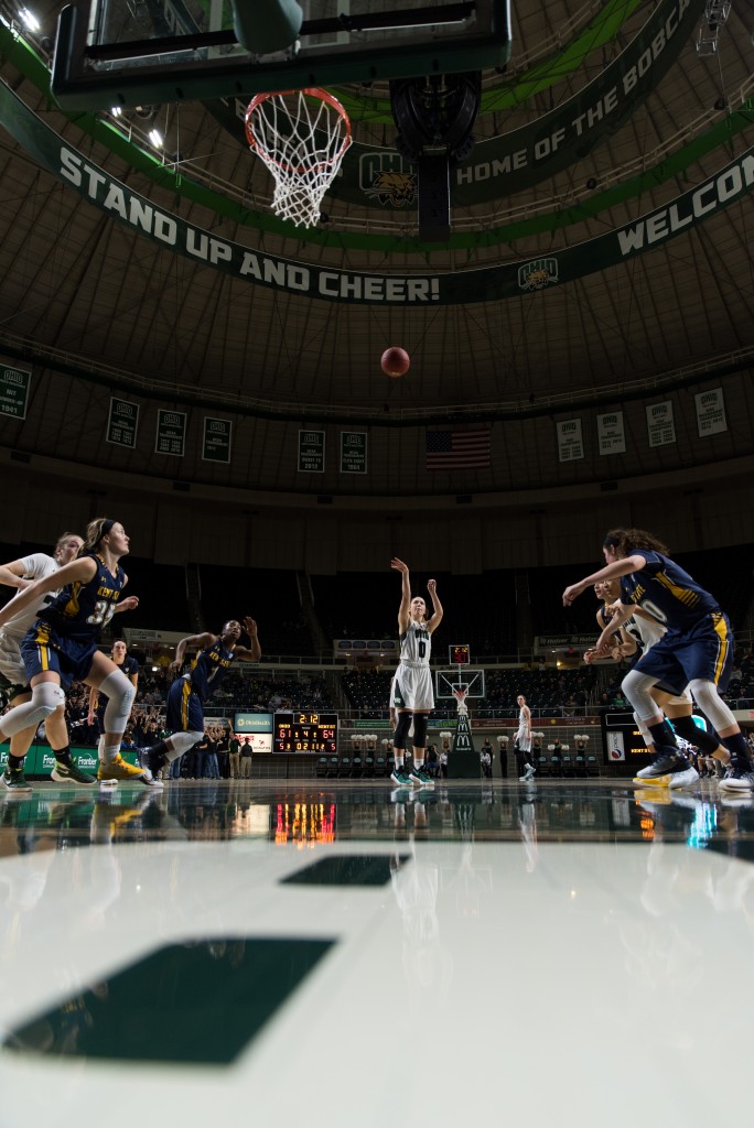 Ohio University's Taylor Agler shoots a free throw with 2:12 remaining on the cloak in a close game between Ohio University and Kent State at the Convocation Center on January 14, 2017. Kent State defeated Ohio University 68-65. (Nickolas Oatley/WOUB)