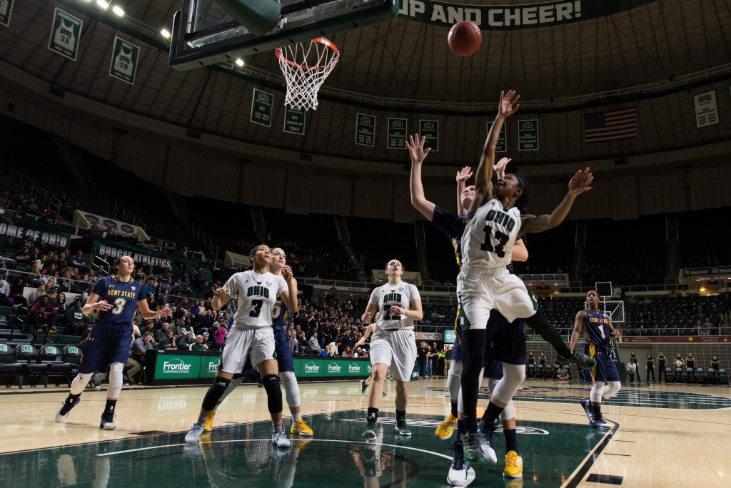Yamonie Jenkins (12) goes for a layup against Kent State during a Women's basketball game at the Convocation Center on January 14, 2017. Kent State defeated Ohio University 68-65. (NICKOLAS OATLEY | WOUB)