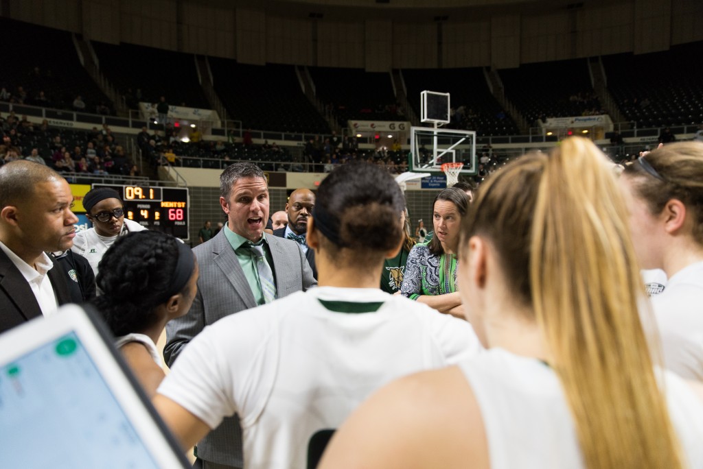 Bob Boldon calls a timeout while down by three and with 9.1 seconds left on the clock during an Ohio University Bobcats Women's basketball game against the Kent State Golden Eagles on January 14, 2017 at the Convocation Center. (NICKOLAS OATLEY | WOUB)