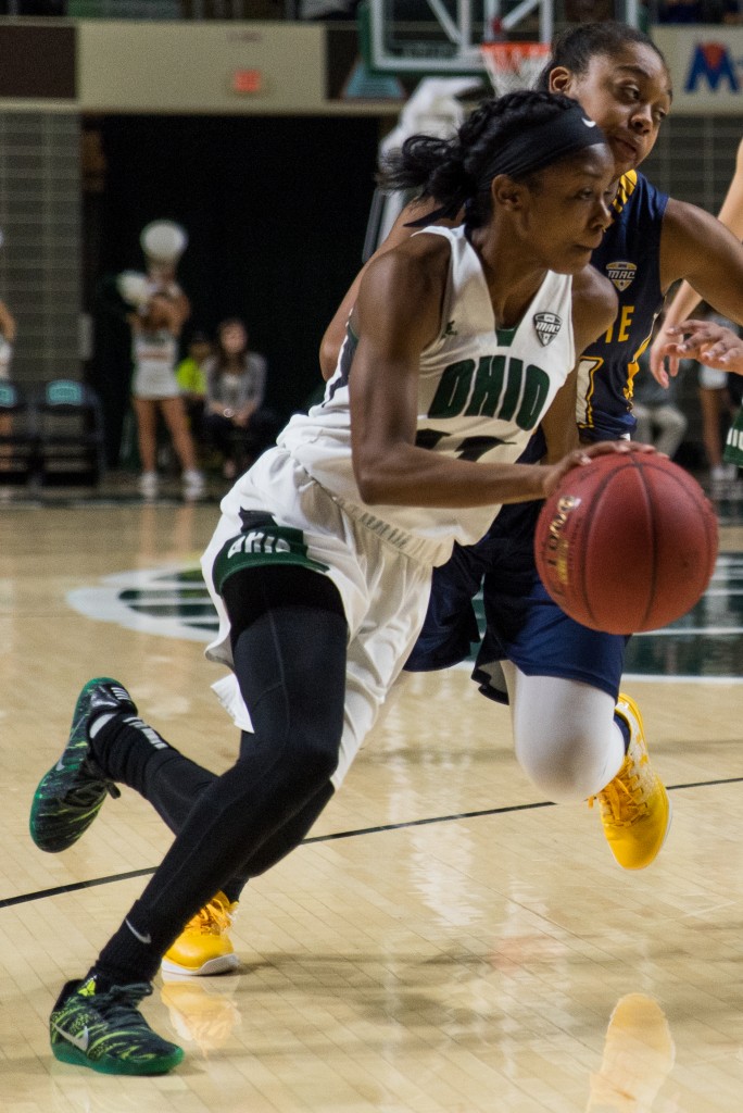 Yamonie Jenkins dribbles down the court against Kent State during a Women's basketball game at the Convocation Center on January 14, 2017. Kent State defeated Ohio University 68-65. (Nickolas Oatley/WOUB)