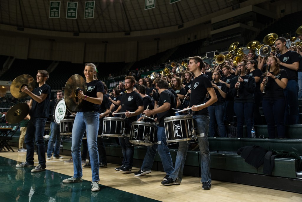 Michelle Joan Lerner plays cymbals with the Ohio University 110 at the Women's basketball game at the Convocation Center on January 14, 2017. Kent State defeated Ohio University 68-65. (Nickolas Oatley/WOUB)