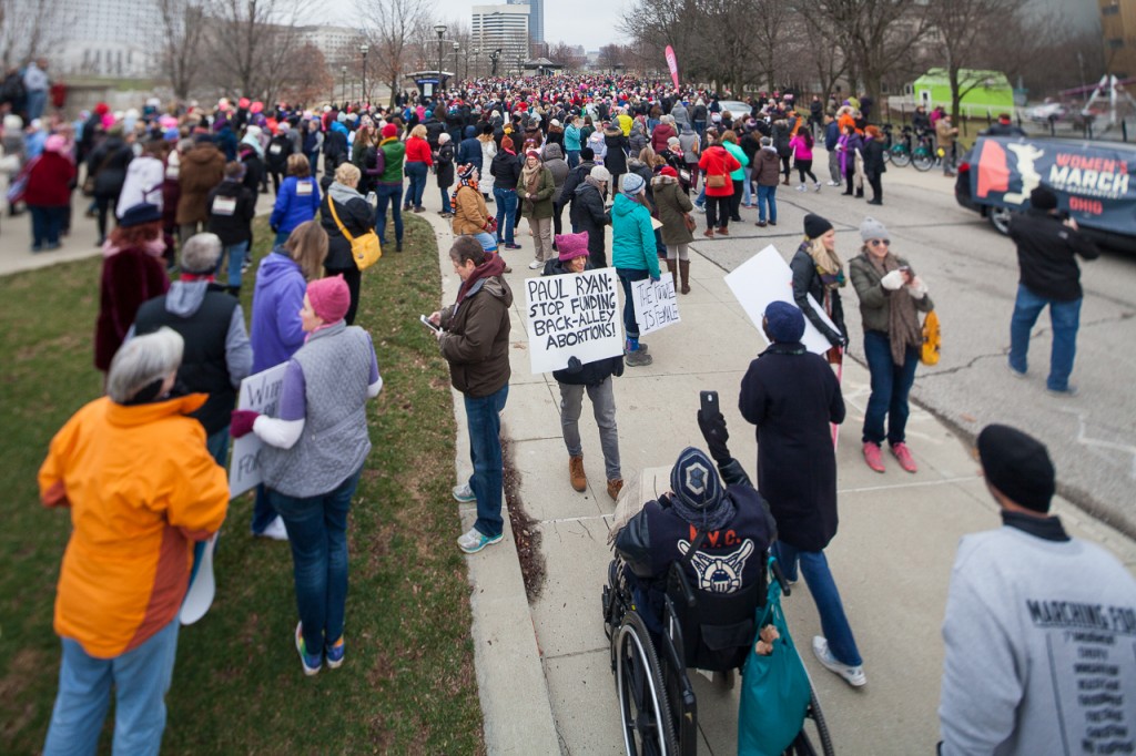 The crowd gathers for the WMW Ohio Sister March on January 15, 2017. Thousands marched in support of the National Women's March that will be taking place in Washington DC next week. (Erin Clark/WOUB)