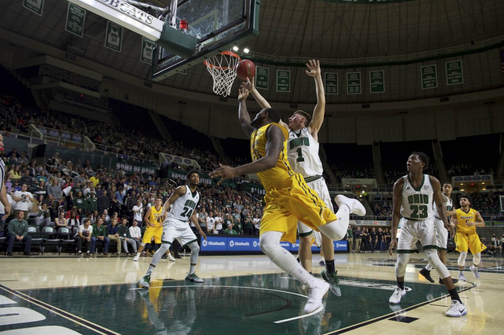 Jason Carter plays tough defense to prevent a basket during Ohio University's game against Toledo at the Convocation Center in Athens, Ohio on Tuesday, January 25, 2017. (Daniel Linhart/WOUB)