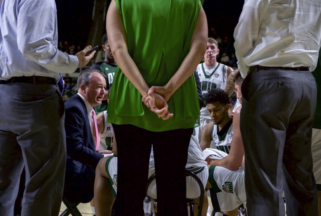 Saul Phillips talks to his team as they try to make a comeback near the end of Ohio University's game against Toledo at the Convocation Center in Athens, Ohio on Tuesday, January 25, 2017. (Daniel Linhart/WOUB)