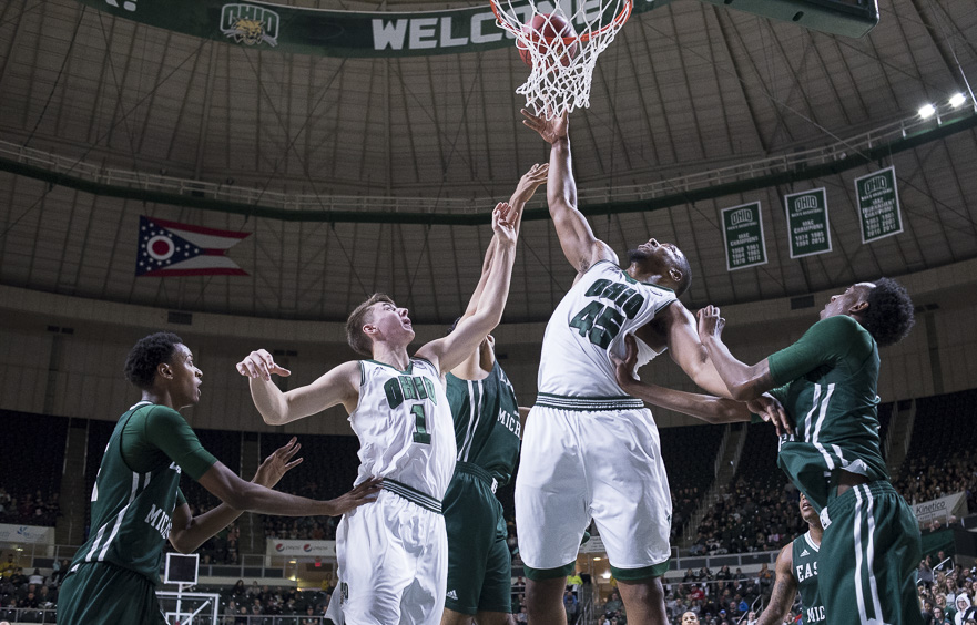 Doug Taylor, Ohio University forward, goes in for a layup during the game against Eastern Michigan at the Convocation Center on January 14, 2016. (Camille Fine/WOUB)