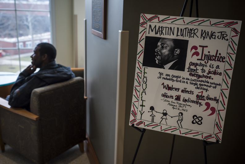 A poster made for a Dr. Martin Luther King Jr. poster contest is displayed on the fourth floor of Baker University Center. Monday, Jan. 16, 2016. (Michael Swensen/WOUB)