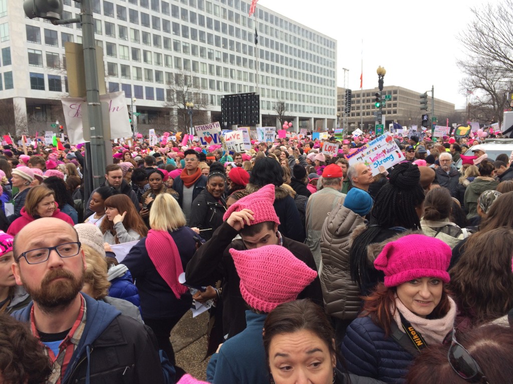 A sea of pink "p*ssy" hats, creatively dubbed so in reference to President Donald Trump's off-color sexual bragging circa 2005, made up decent portion of the enormous crowds gathered in D.C. Jan. 21.  (WOUB/Emily Votaw) 
