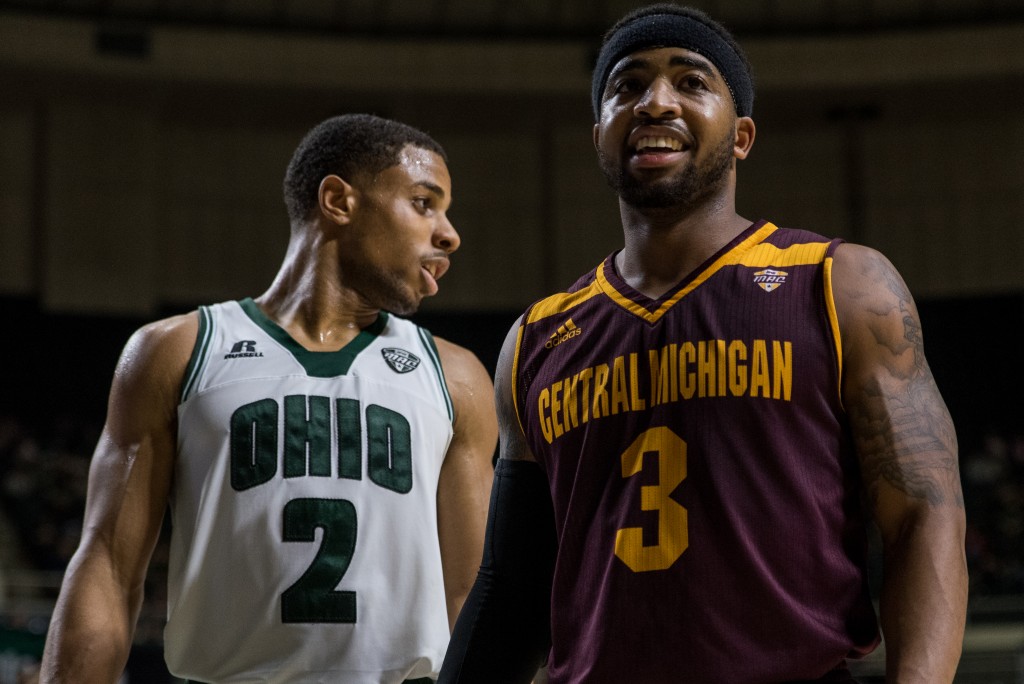 Jaaron Simmons (2) and Marcus Keene (3) walk down the court while the Central Michigan Chippewas shoot free throws. The Ohio Men's basketball team lose by 10 with a final score of 97-87 to MAC West Division foe Central Michigan on Tuesday, February 7 at the Convocation Center. (Nickolas Oatley/WOUB)