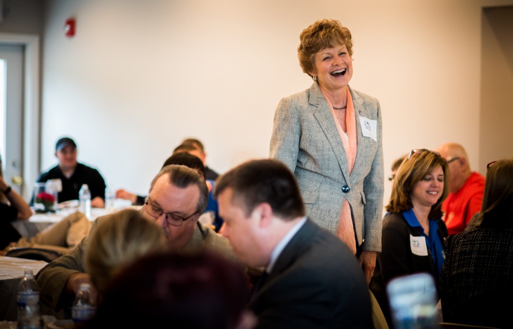 Executive Director of the Board of Alcohol, Drug Addiction and Mental Health Services, Robin Harris, laughing when she spoke at Field of Hope Community Campus in Vinton, Ohio, on February 23, 2017. (Carolyn Rogers/ WOUB)
