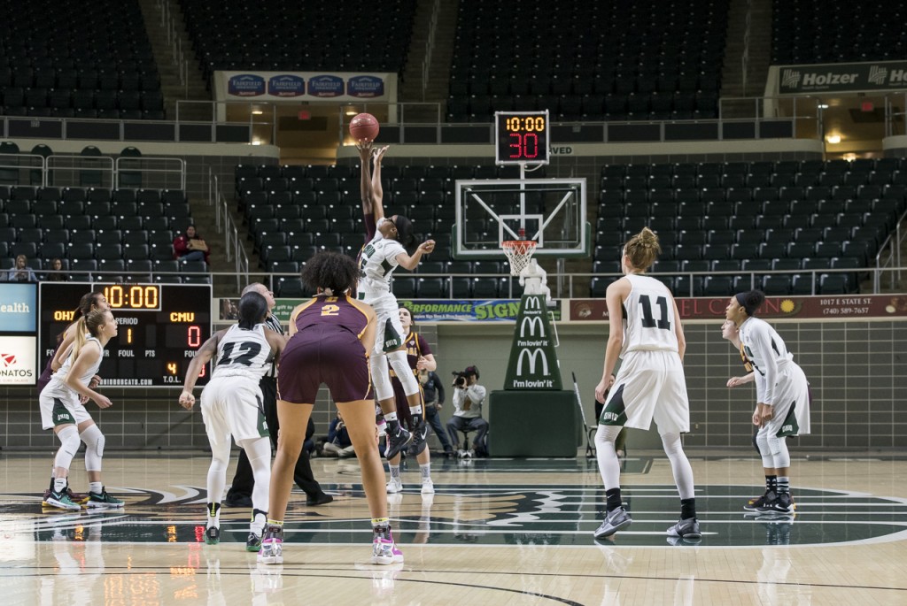 Jasmine Witherspoon leaps into the air for the tipoff, as Ohio Bobcats women's basketball team takes on Central Michigan February 15, 2017. (Margo Sabec/WOUB)