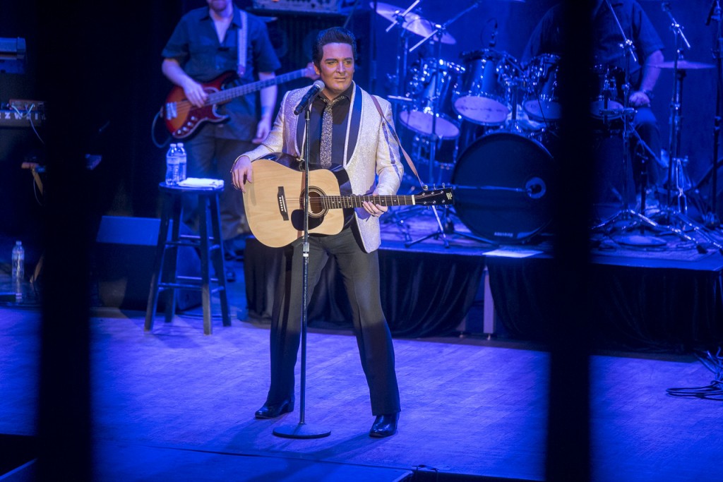 Elvis Presley tribute artist Dwight Icenhower graces the stage of Stuart's Opera House Saturday night. (Camille Fine/WOUB)