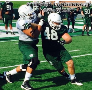 Langenkamp (left) blocking in one of his first practices at Ohio University. 