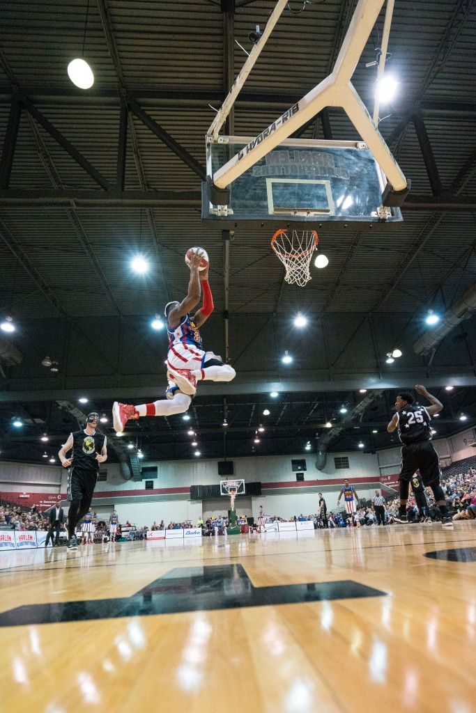 "Thunder" goes up for a slam dunk against the World All Stars defense at the Big Sandy Superstore Arena in Huntington, WV. (Nickolas Oatley/WOUB)