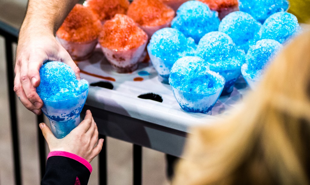 Red and blue snow cones being sold during the Harlem Globetrotters game in the Big Sandy Superstore Arena, in Huntington, West Virginia, on March 1, 2017. (Carolyn Rogers/WOUB)
