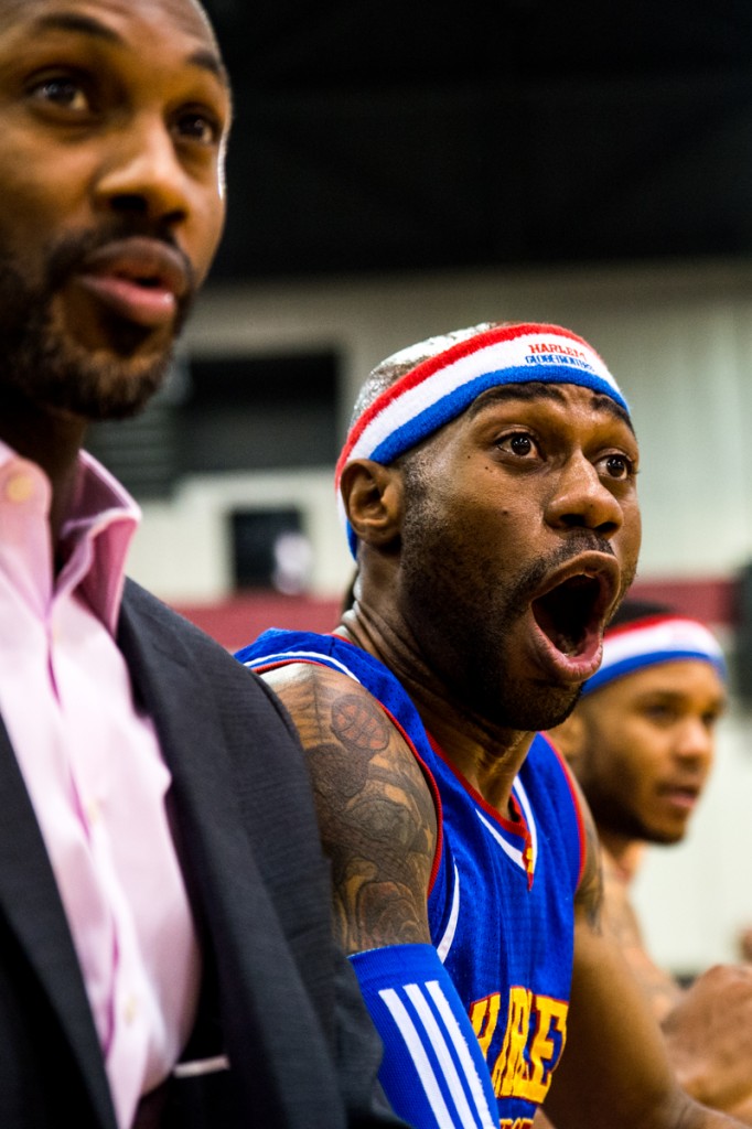 Harlem Globetrotter, Firefly, gasping at a shot made during the game against the World All-Stars at the  Harlem Globetrotters game in the Big Sandy Superstore Arena, in Huntington, West Virginia, on March 1, 2017. (Carolyn Rogers/WOUB)