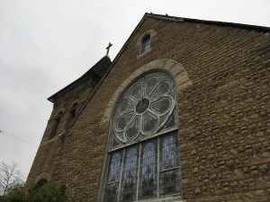 Stained glass window at the front of the church.