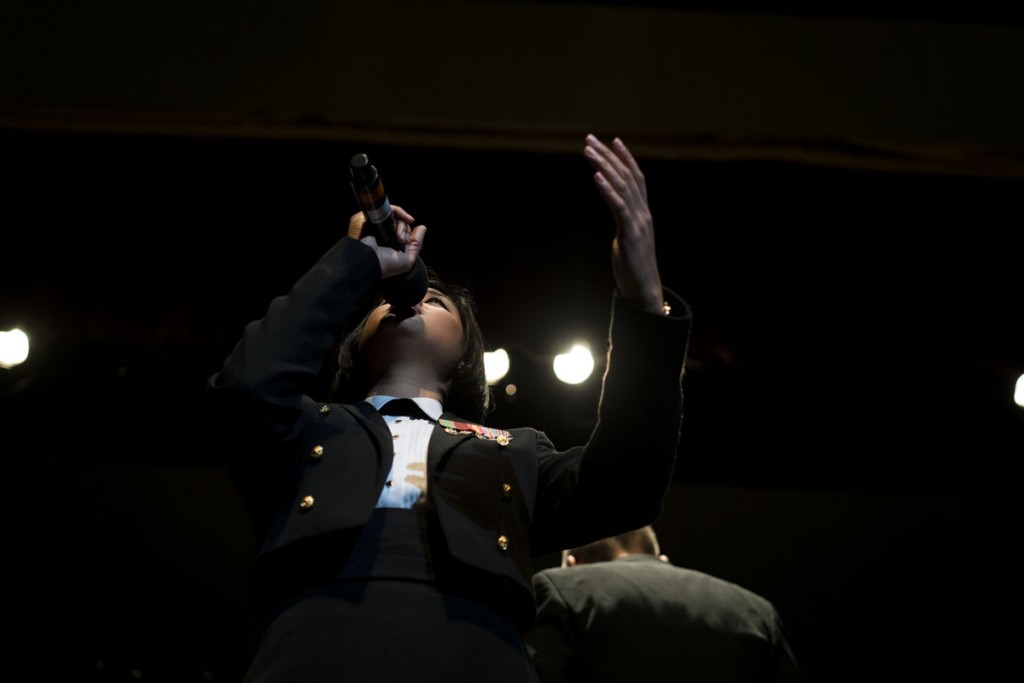 A featuring musician performs during one of the U.S. Navy Band's chosen songs at Ohio University. (Michael Swensen/WOUB)