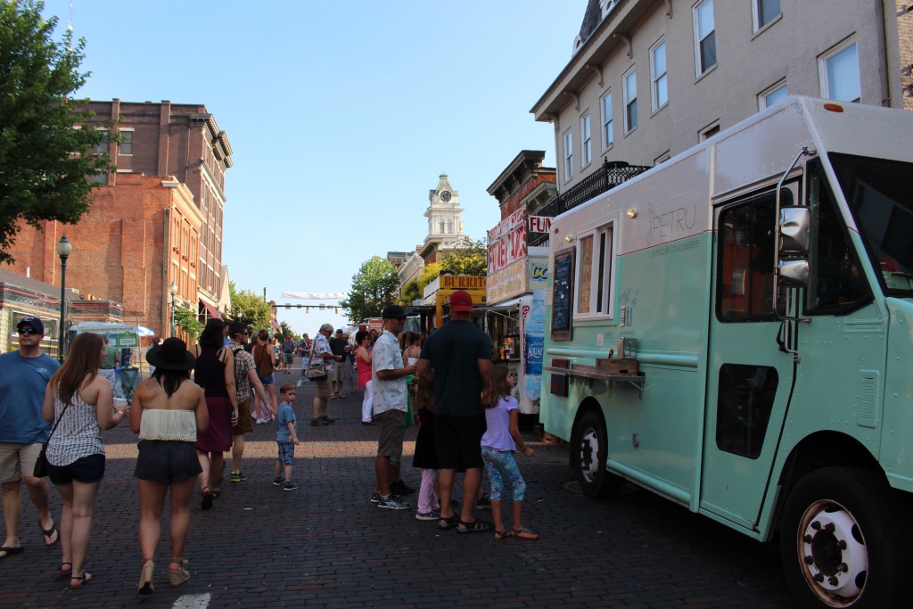 Many food regional food trucks populated Court Street June 17 to feed the crowds congregated for Boogie on the Bricks. (WOUB/Marie Swartz) 