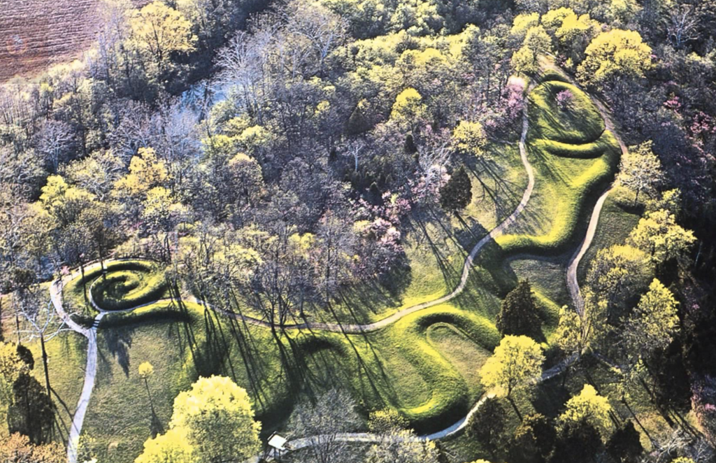 An overhead shot of the Serpent Mound. (youtube.com) 