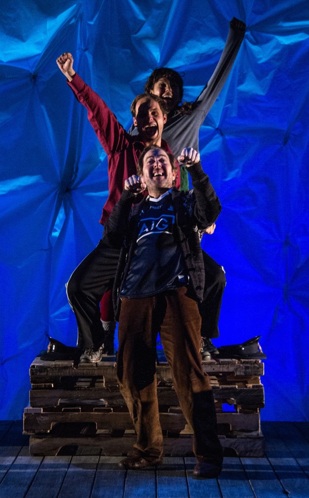 The three actors in Tantrum Theater's production of "Into the West" mount a mythical horse. (Photo by Daniel King) 