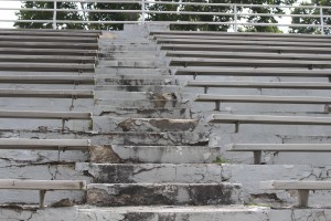 The steps of the Glouster Memorial Stadium are shown. The stadium is currently closed off after engineers found the stadium facility to be unsafe. Tyler Wend / WOUB News 