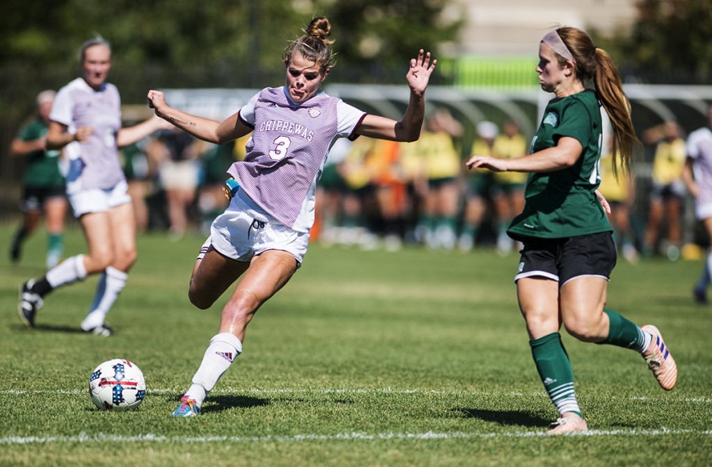 Central Michigan's forward Lexi Pelefas attempts to shoot on goal during their game on September 24, 2017 in Athens, Ohio. For the majority of the game the ball stayed in the control of the Central Michigan team, but they were stopped in every attempt to score. (Kelsey Brunner/WOUB)